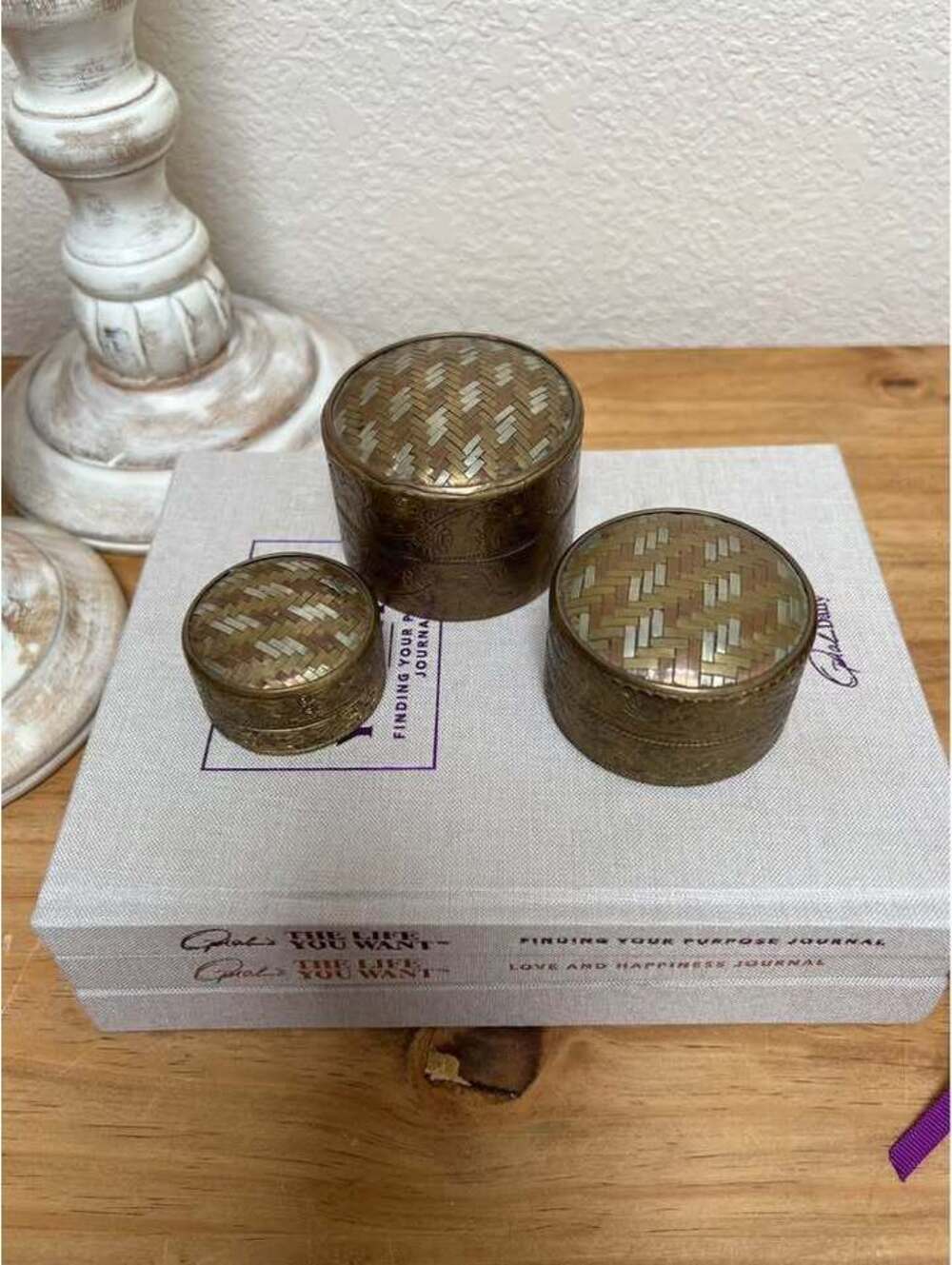 3 Nesting Metal Trinket Boxes Brass Copper Silver Chevron Indian Lids
